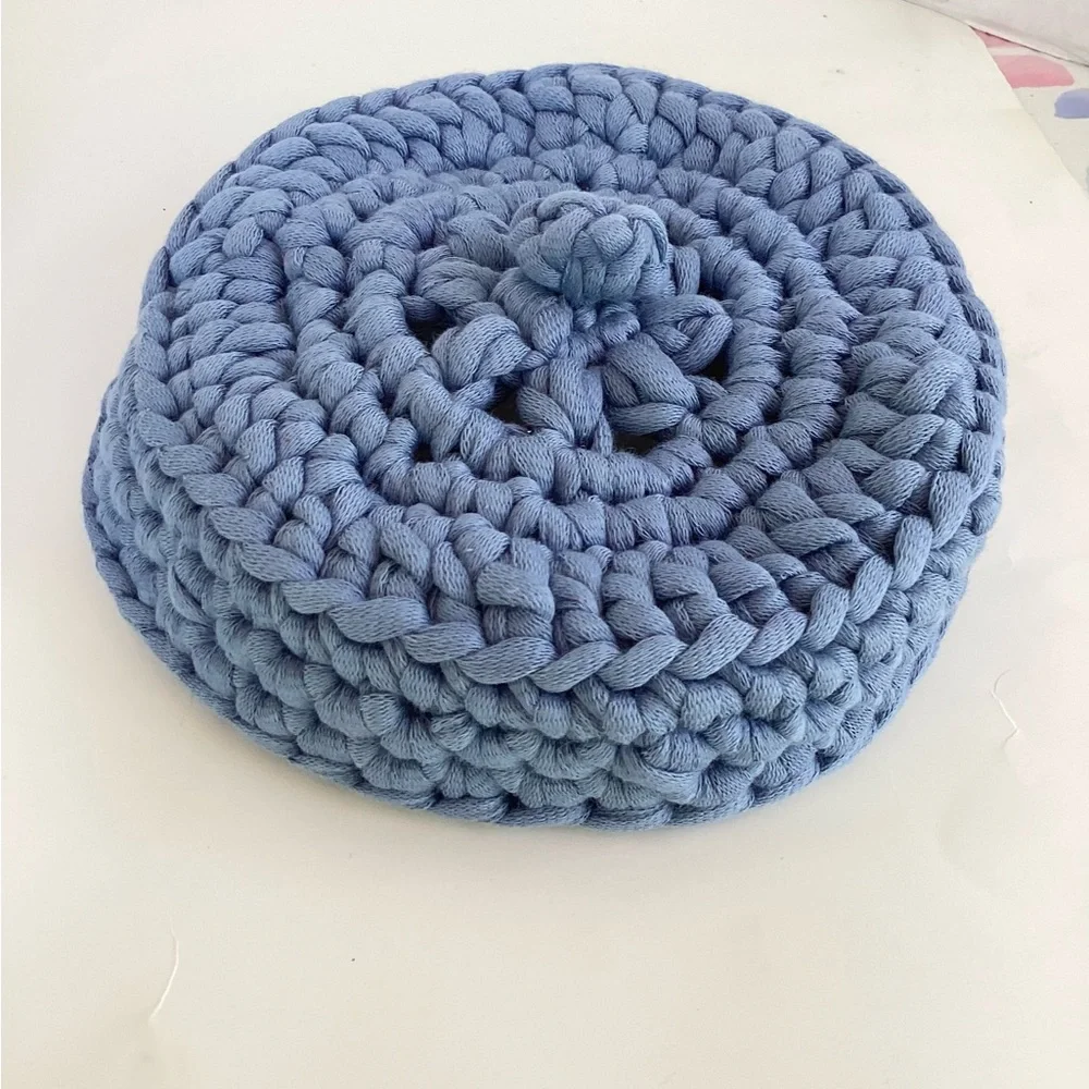 Bowl Lidded Hand Crafted Container Crochet Cotton Denim Blue Boho